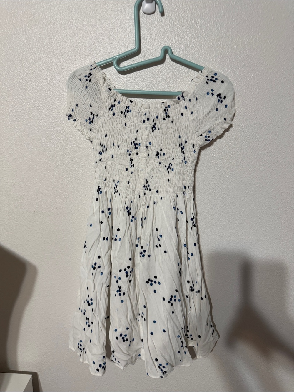 Lulu's White Smocked Dress with Navy Dot Print